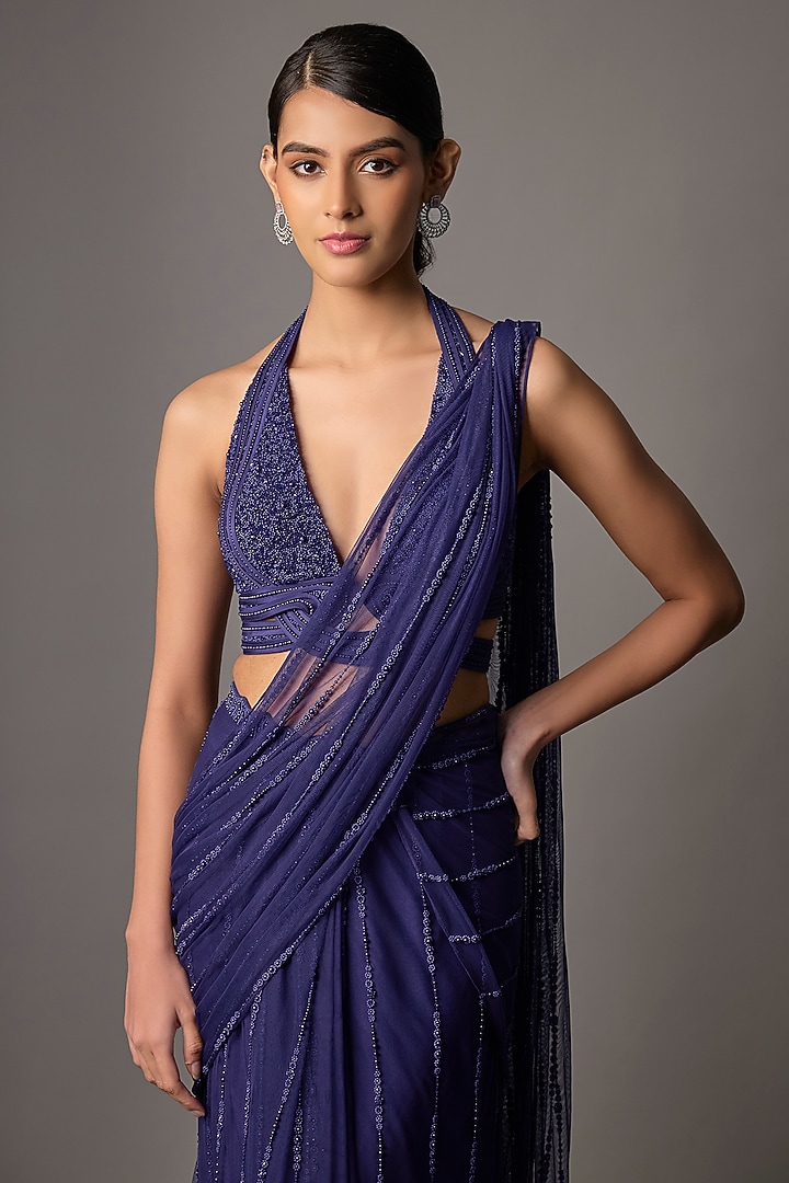 Pixie Blue Net Embroidered Reception Saree Set by Disha Patil at Pernia's Pop Up Shop