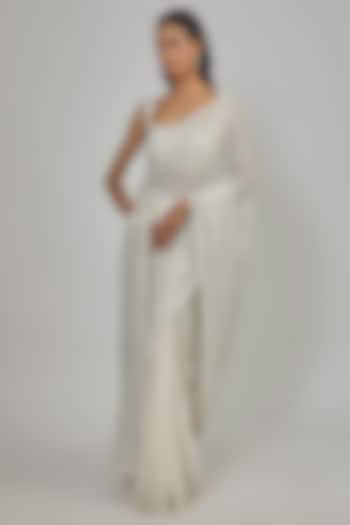 Ivory Satin Silk & Organza Bridal Saree Set by Disha Patil at Pernia's Pop Up Shop