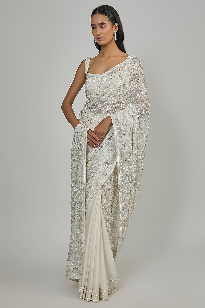Ivory Satin Silk & Organza Bridal Saree Set by Disha Patil at Pernia's Pop Up Shop