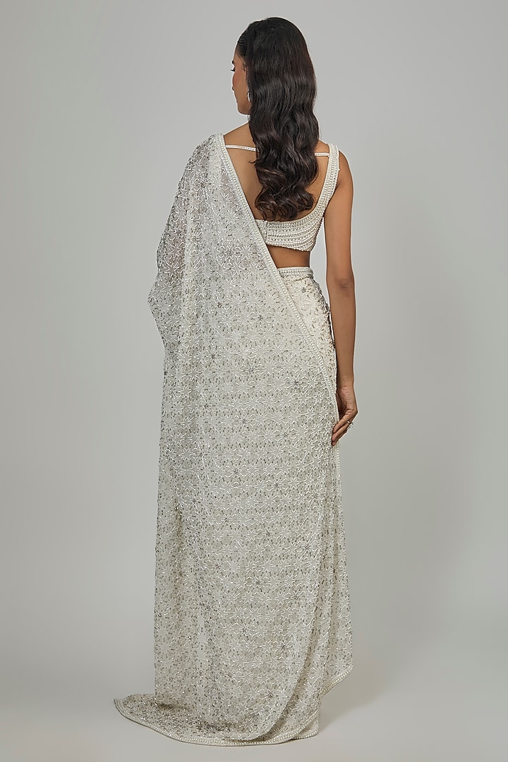 Ivory Satin Silk & Organza Bridal Saree Set by Disha Patil at Pernia's Pop Up Shop