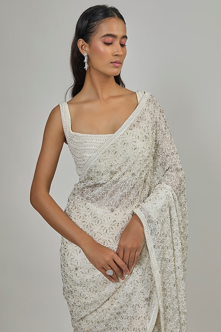 Ivory Satin Silk & Organza Bridal Saree Set by Disha Patil at Pernia's Pop Up Shop