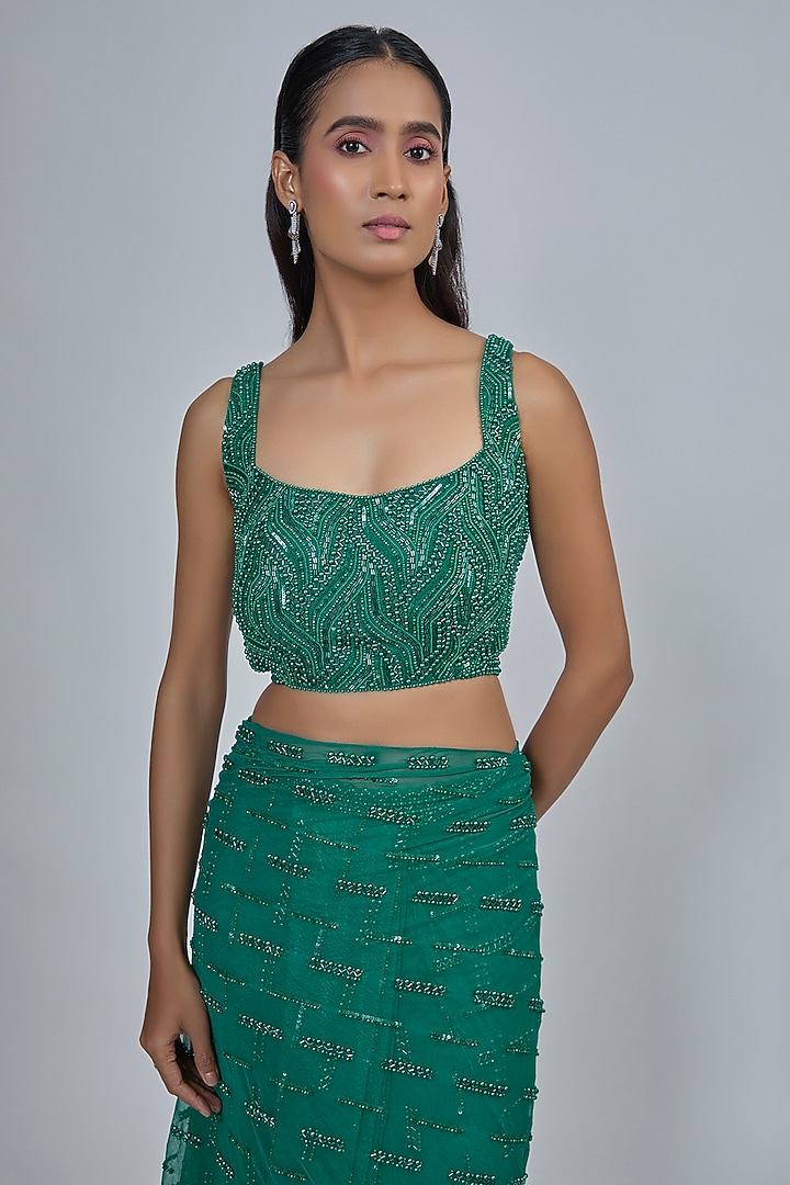 Emerald Green Soft Net Reception Saree Set by Disha Patil at Pernia's Pop Up Shop