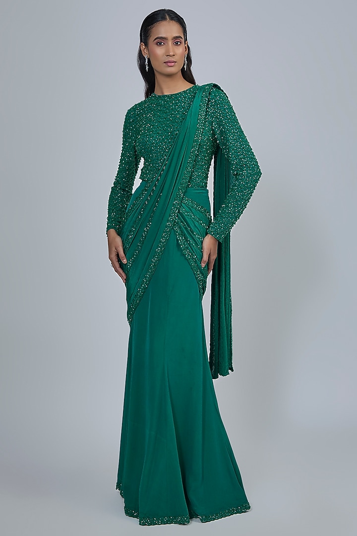 Emerald Green Stretch Net Reception Saree Set by Disha Patil at Pernia's Pop Up Shop
