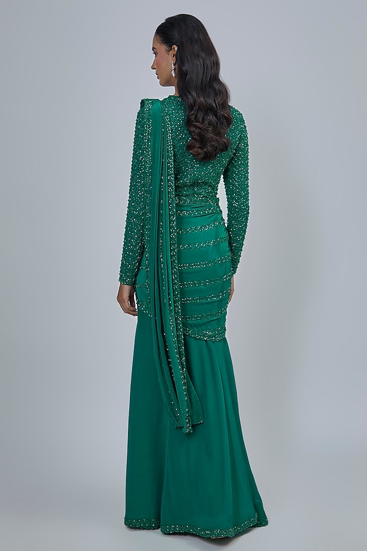 Emerald Green Stretch Net Reception Saree Set by Disha Patil at Pernia's Pop Up Shop