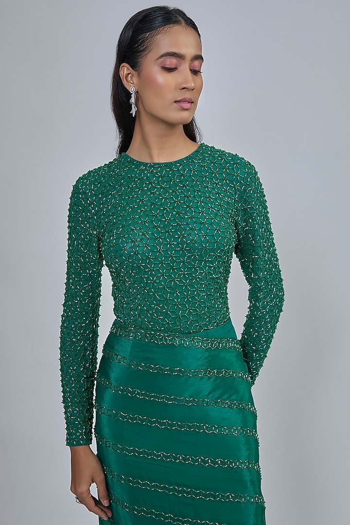 Emerald Green Stretch Net Reception Saree Set by Disha Patil at Pernia's Pop Up Shop