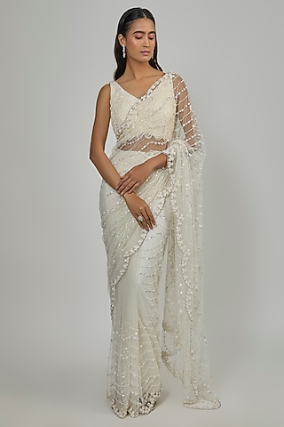 Ivory Net Saree Set by Disha Patil