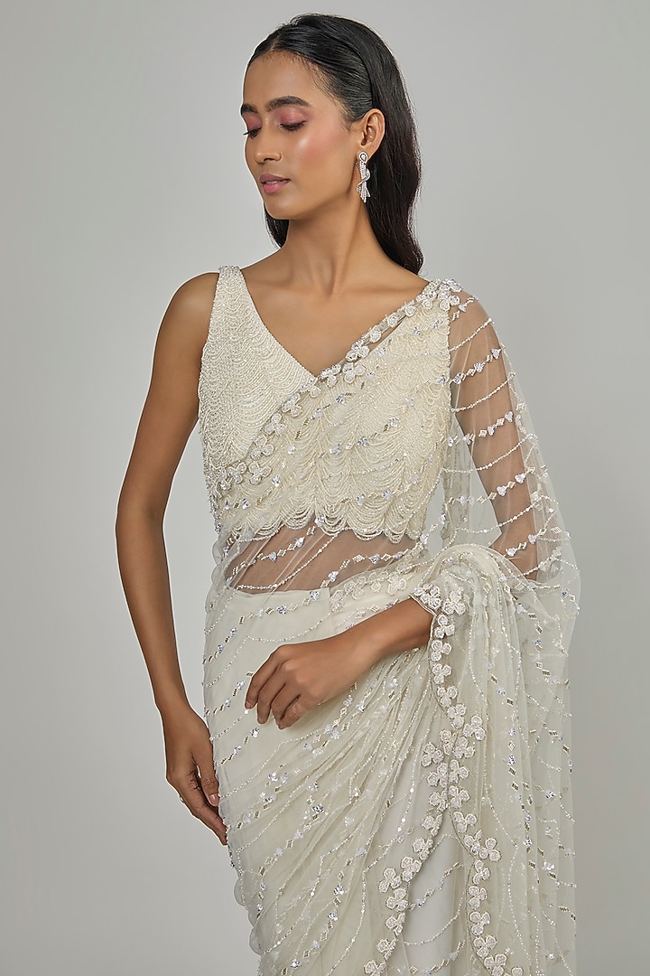 Ivory Net Reception Saree Set by Disha Patil at Pernia's Pop Up Shop