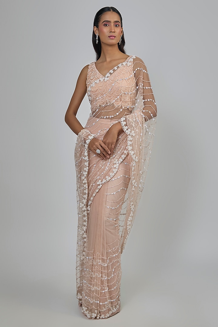 Blush Pink Net Reception Saree Set by Disha Patil at Pernia's Pop Up Shop