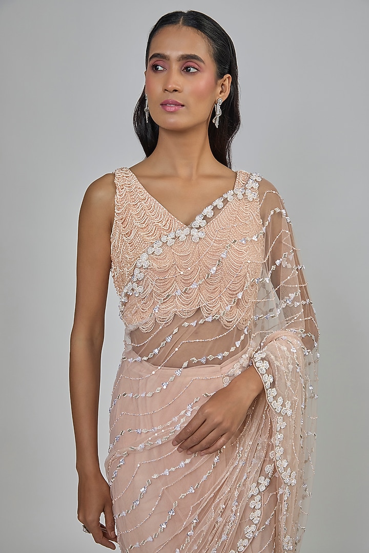 Blush Pink Net Reception Saree Set by Disha Patil at Pernia's Pop Up Shop