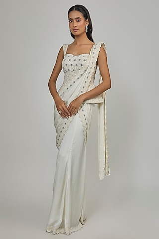 Ivory & Blue Satin Silk Saree Set by Disha Patil