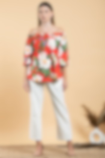 Bright Red Cotton Poplin Floral Printed Off-Shoulder Top by Divi by Sonal at Pernia's Pop Up Shop