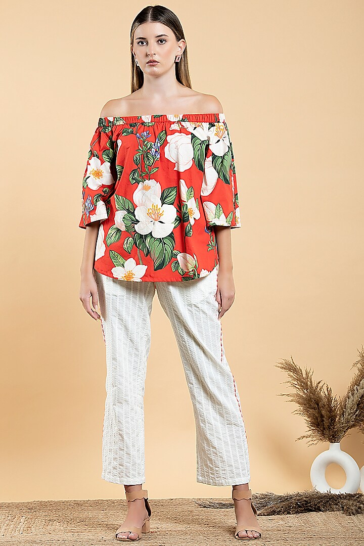 Bright Red Cotton Poplin Floral Printed Off-Shoulder Top by Divi by Sonal