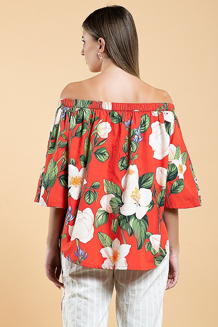 Bright Red Cotton Poplin Floral Printed Off-Shoulder Top by Divi by Sonal at Pernia's Pop Up Shop