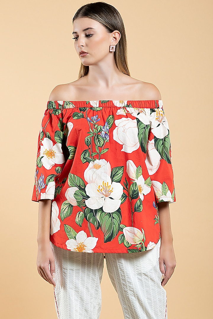 Bright Red Cotton Poplin Floral Printed Off-Shoulder Top by Divi by Sonal at Pernia's Pop Up Shop