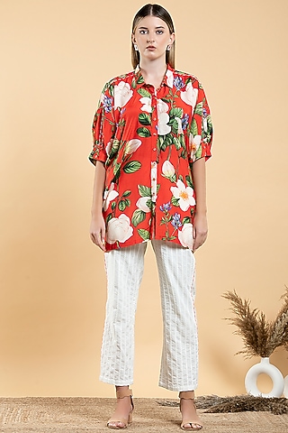 Bright Red Muslin & Viscose Floral Printed Shirt by Divi by Sonal