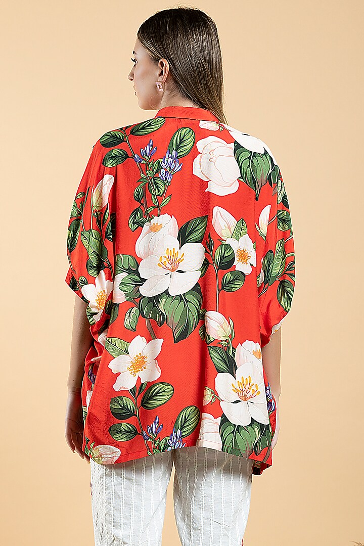 Bright Red Muslin & Viscose Floral Printed Shirt by Divi by Sonal at Pernia's Pop Up Shop