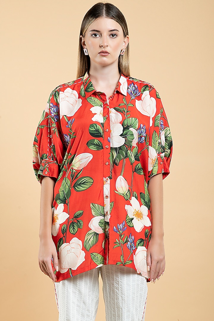 Bright Red Muslin & Viscose Floral Printed Shirt by Divi by Sonal at Pernia's Pop Up Shop