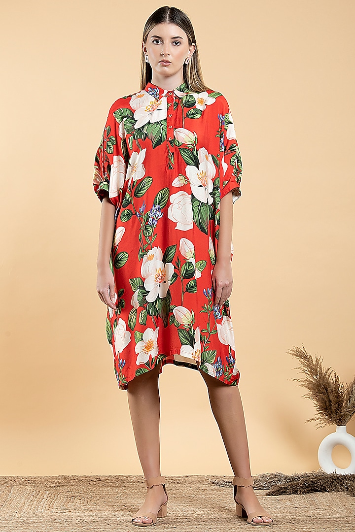Bright Red Muslin & Viscose Floral Printed Dress by Divi by Sonal