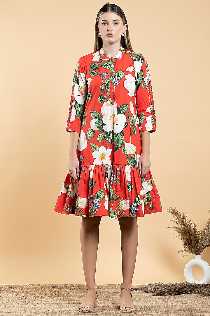 Bright Red Cotton Poplin Floral Printed Shirt Dress by Divi by Sonal