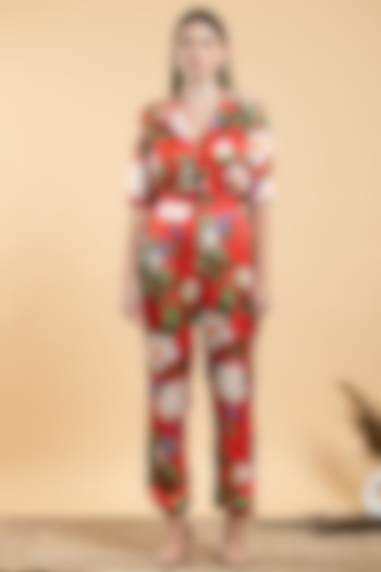 Bright Red Modal Satin & Viscose Floral Printed Jumpsuit by Divi by Sonal at Pernia's Pop Up Shop