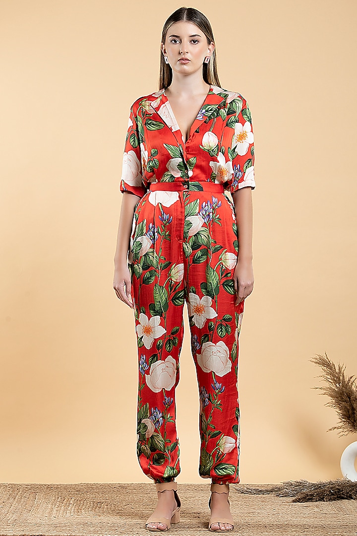 Bright Red Modal Satin & Viscose Floral Printed Jumpsuit by Divi by Sonal at Pernia's Pop Up Shop