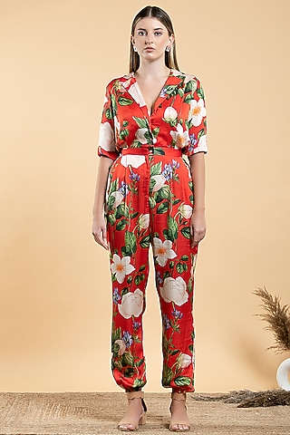 Bright Red Modal Satin & Viscose Floral Printed Jumpsuit by Divi by Sonal