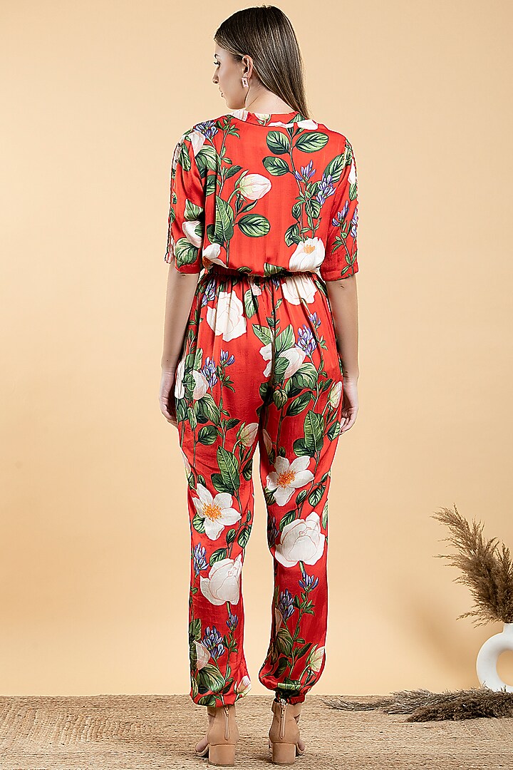 Bright Red Modal Satin & Viscose Floral Printed Jumpsuit by Divi by Sonal at Pernia's Pop Up Shop