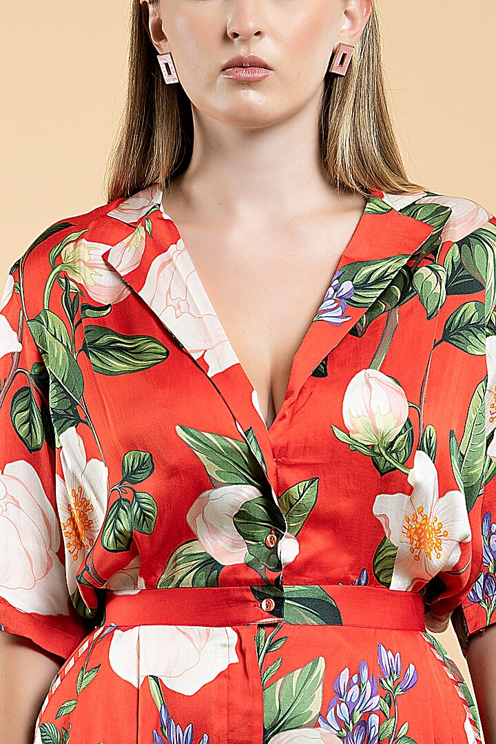 Bright Red Modal Satin & Viscose Floral Printed Jumpsuit by Divi by Sonal at Pernia's Pop Up Shop