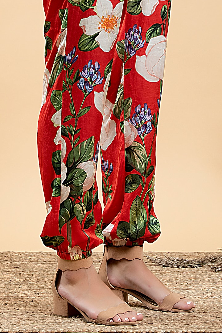 Bright Red Modal Satin & Viscose Floral Printed Jumpsuit by Divi by Sonal at Pernia's Pop Up Shop