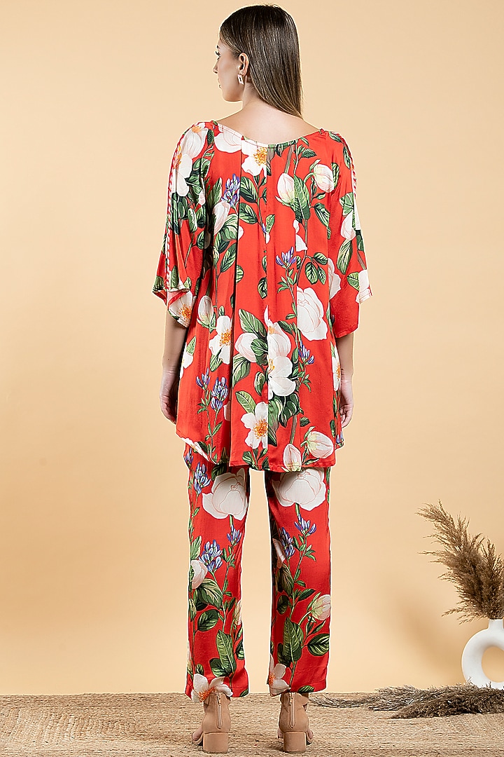 Bright Red Modal Satin & Viscose Floral Printed Co-Ord Set by Divi by Sonal at Pernia's Pop Up Shop