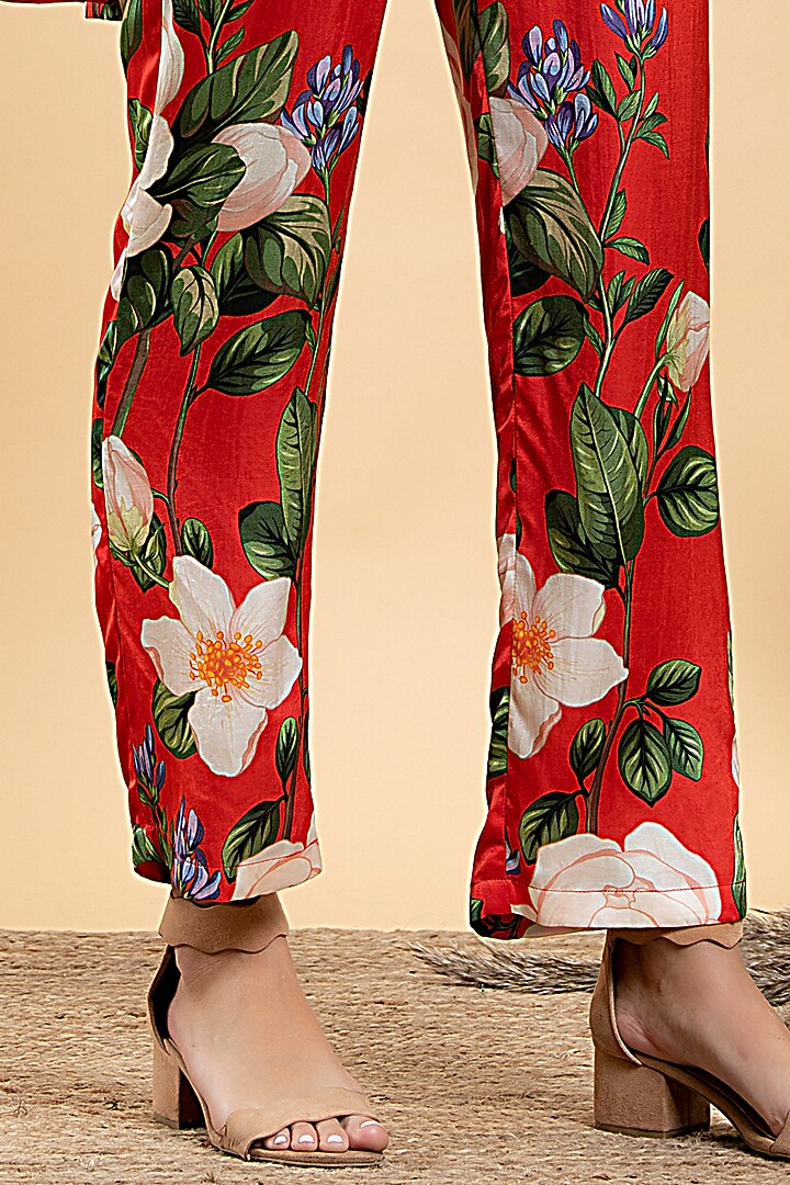 Bright Red Modal Satin & Viscose Floral Printed Co-Ord Set by Divi by Sonal at Pernia's Pop Up Shop