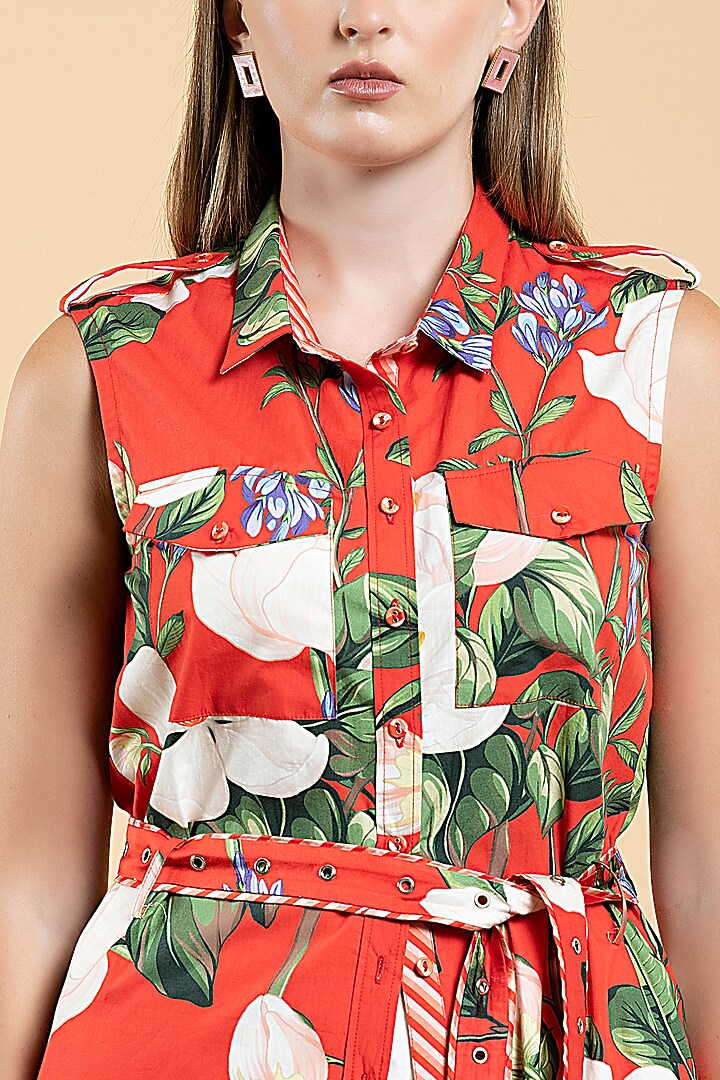 Bright Red Cotton Poplin Floral Printed Co-Ord Set by Divi by Sonal at Pernia's Pop Up Shop