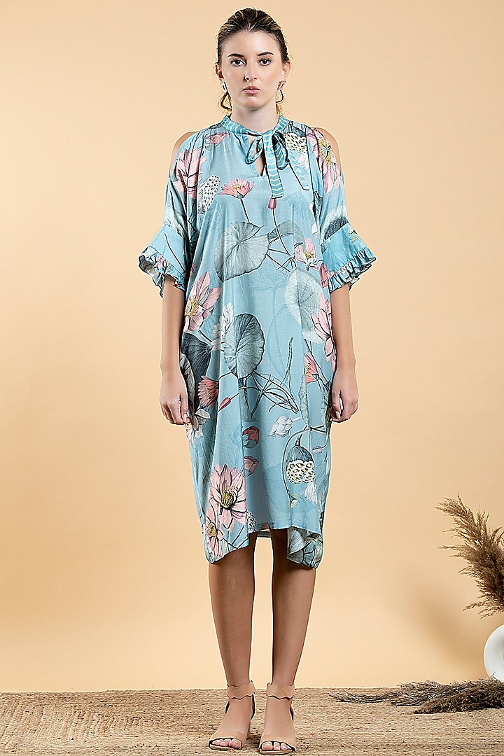 Sky Blue Muslin & Viscose Printed Kaftan Dress by Divi by Sonal