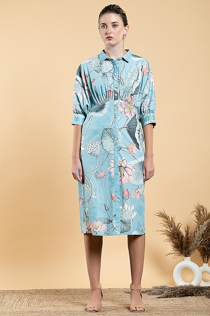 Sky Blue Cotton Poplin Printed Shirt Dress by Divi by Sonal