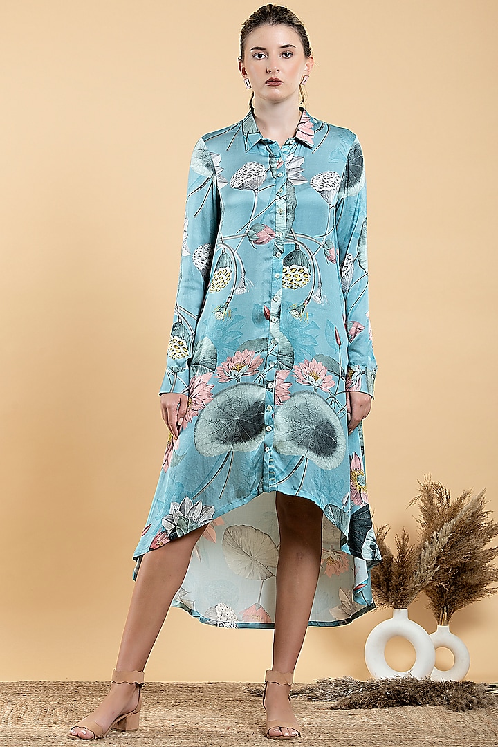 Sky Blue Modal Satin Printed Shirt Dress by Divi by Sonal