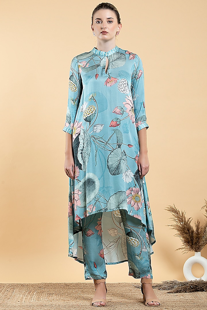 Sky Blue Modal Satin Printed Tunic Set by Divi by Sonal