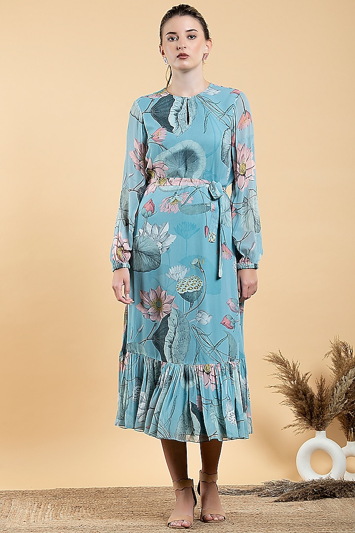 Sky Blue Bemberg Georgette Printed Midi Dress by Divi by Sonal