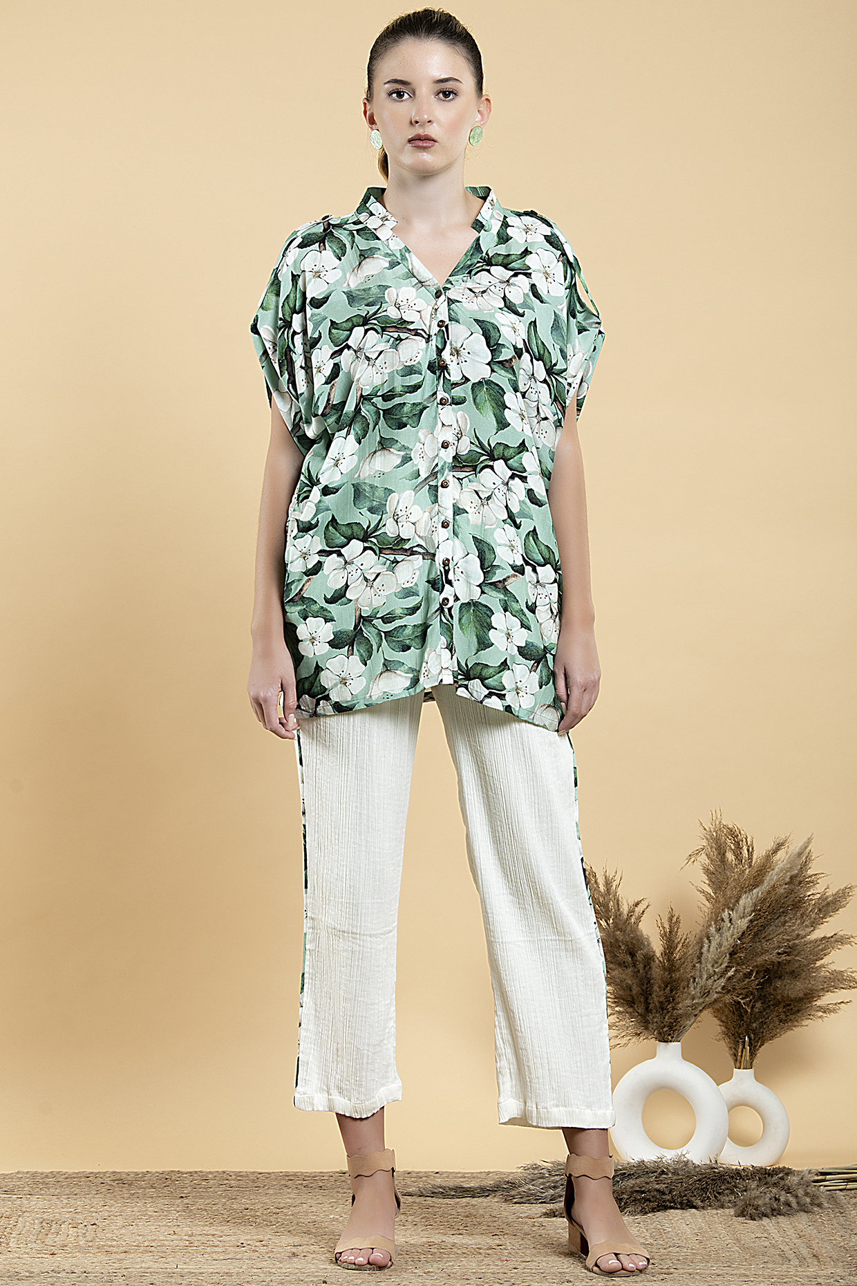 Pastel Green Muslin Printed Shirt by Divi by Sonal