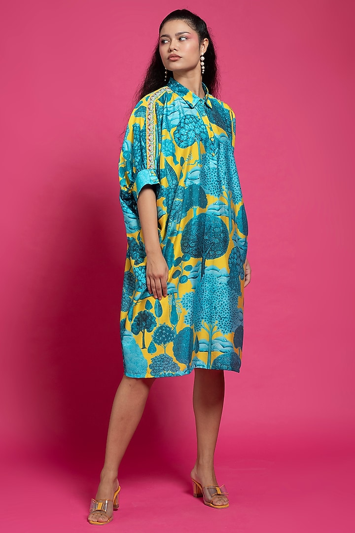 Multi-Colored Viscose Cotton Chanderi Printed Shirt Dress by Divi by Sonal at Pernia's Pop Up Shop