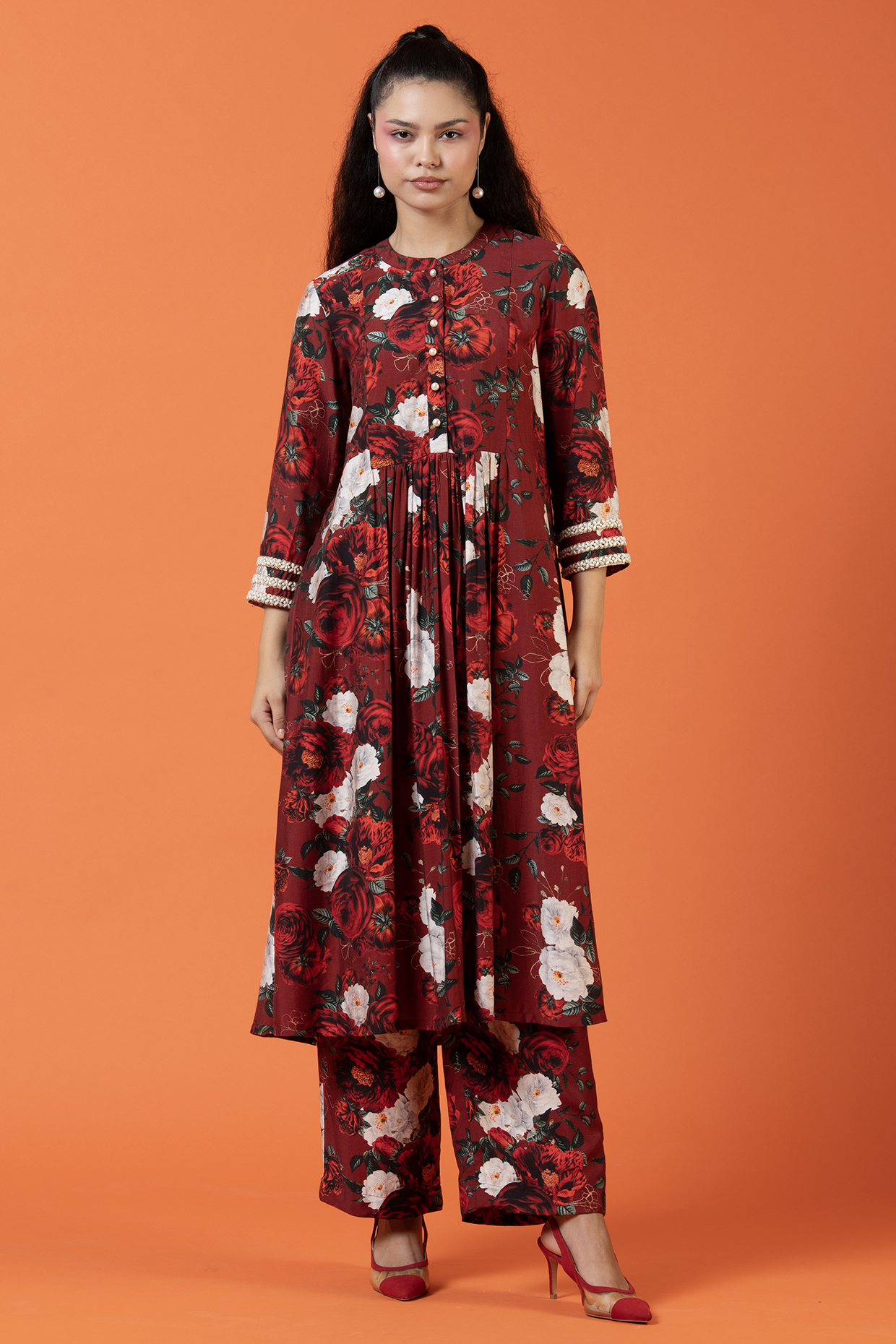 Red Viscose Cotton Chanderi Pearl Embroidered & Printed Tunic Set by Divi by Sonal at Pernia's Pop Up Shop