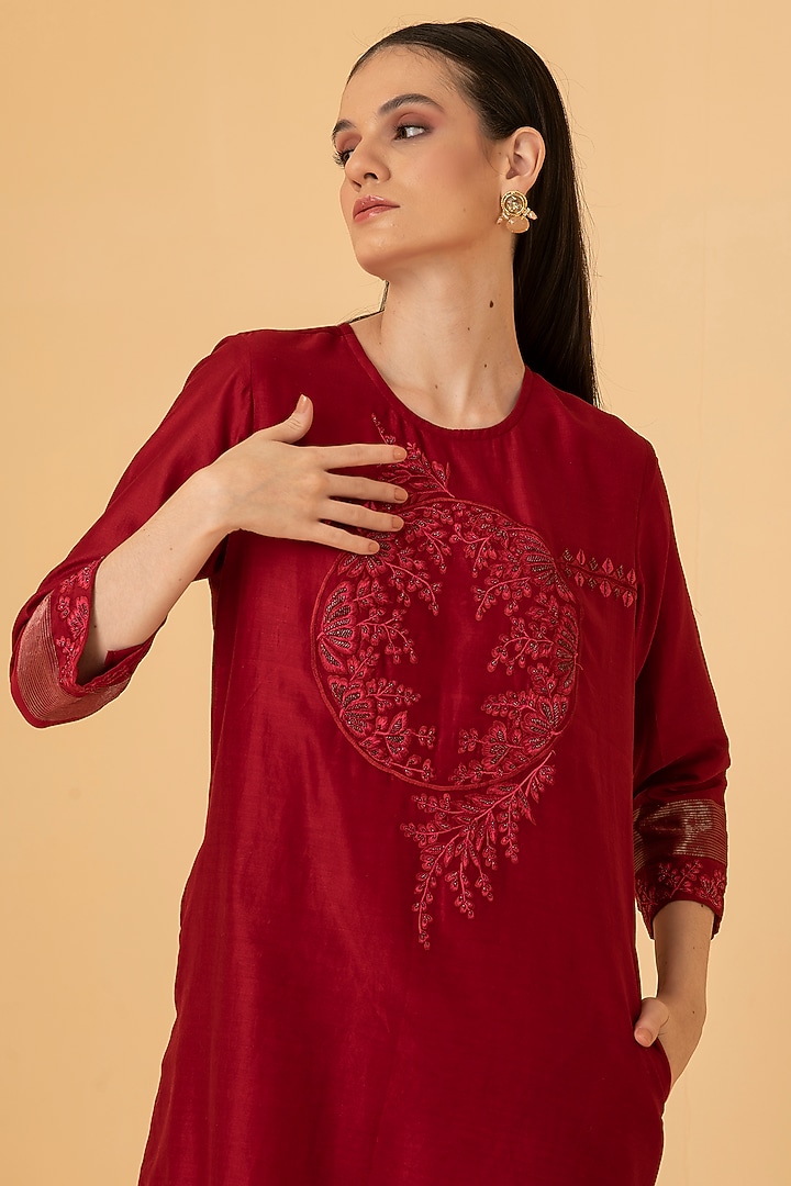 Red Pure Chanderi Thread & Pearl Embroidered Summer Dress by Divi by Sonal at Pernia's Pop Up Shop