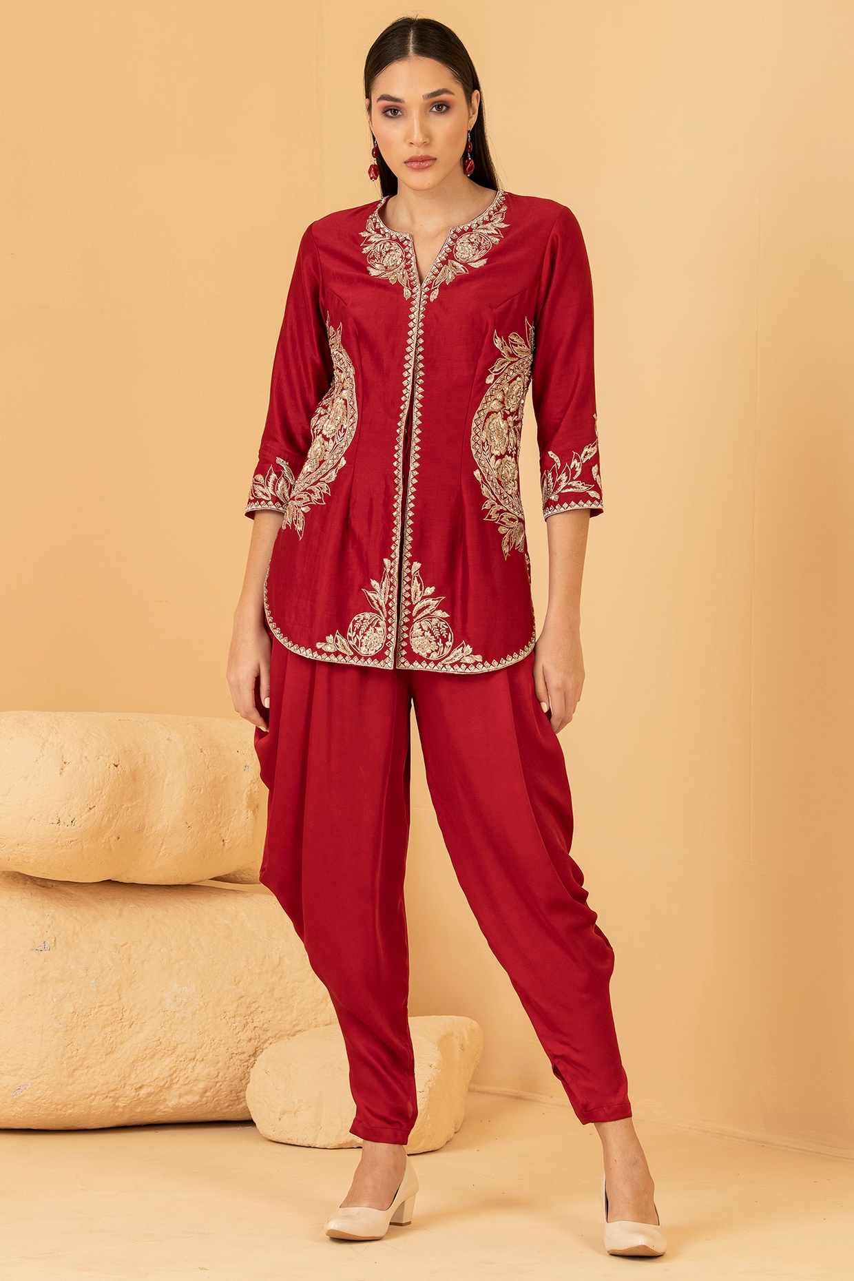 Red Silk Velvet Printed Afghani Dhoti Pants Design by Rajdeep Ranawat at  Pernia's Pop Up Shop 2024