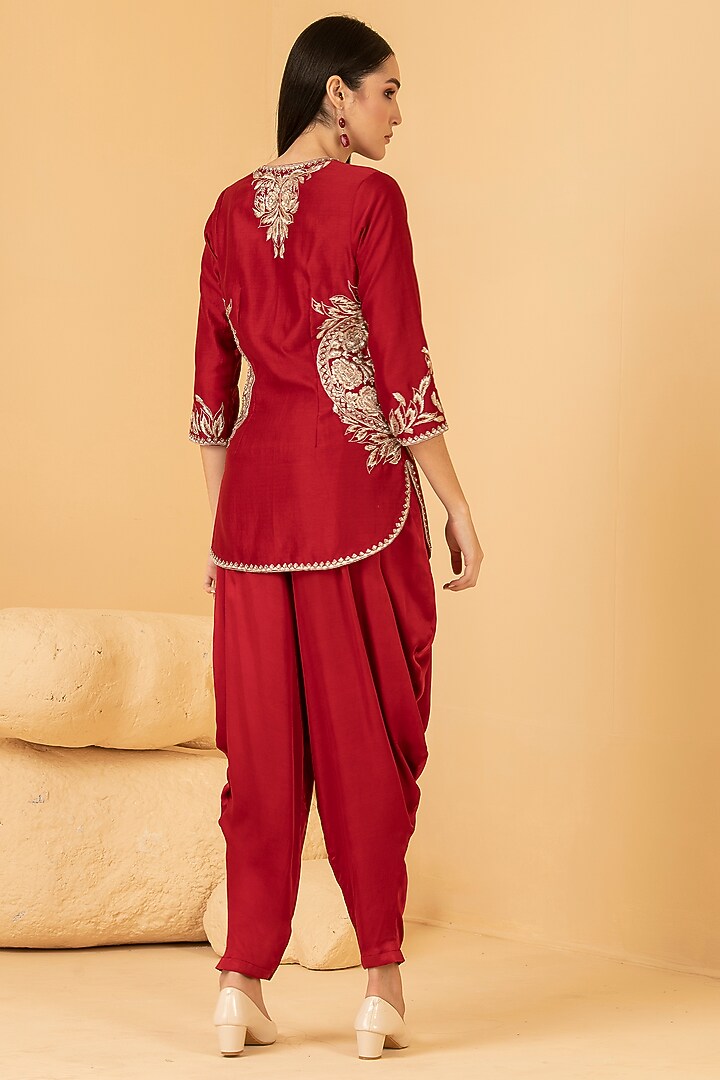 Red Pure Chanderi Zari & Sequins Embroidered Dhoti Set by Divi by Sonal at Pernia's Pop Up Shop