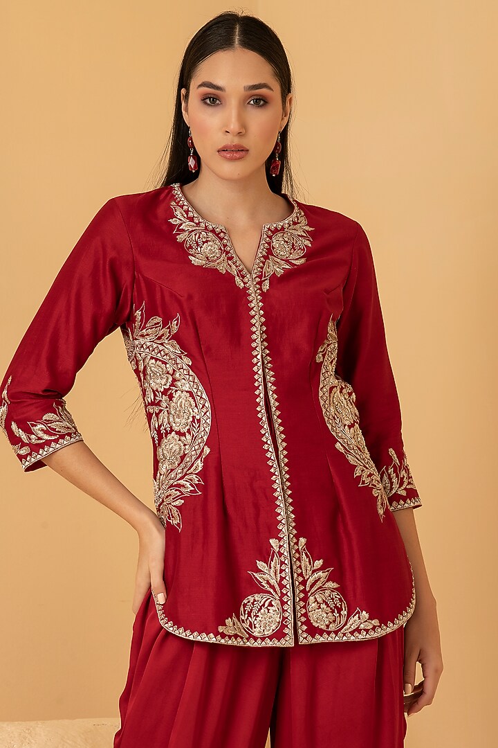 Red Pure Chanderi Zari & Sequins Embroidered Dhoti Set by Divi by Sonal at Pernia's Pop Up Shop