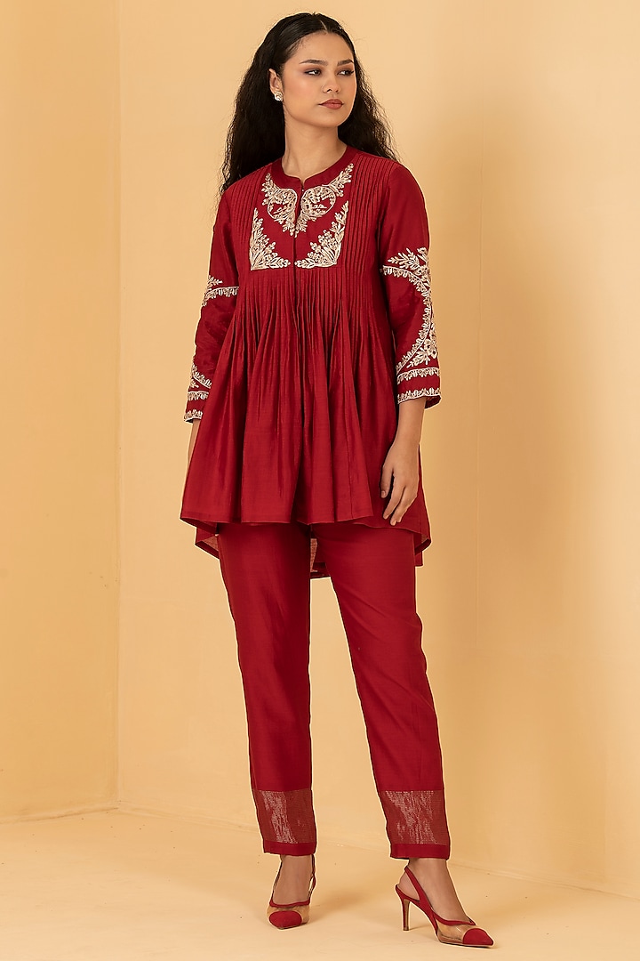 Red Pure Chanderi Pearl & Sequins Embroidered Co-Ord Set by Divi by Sonal