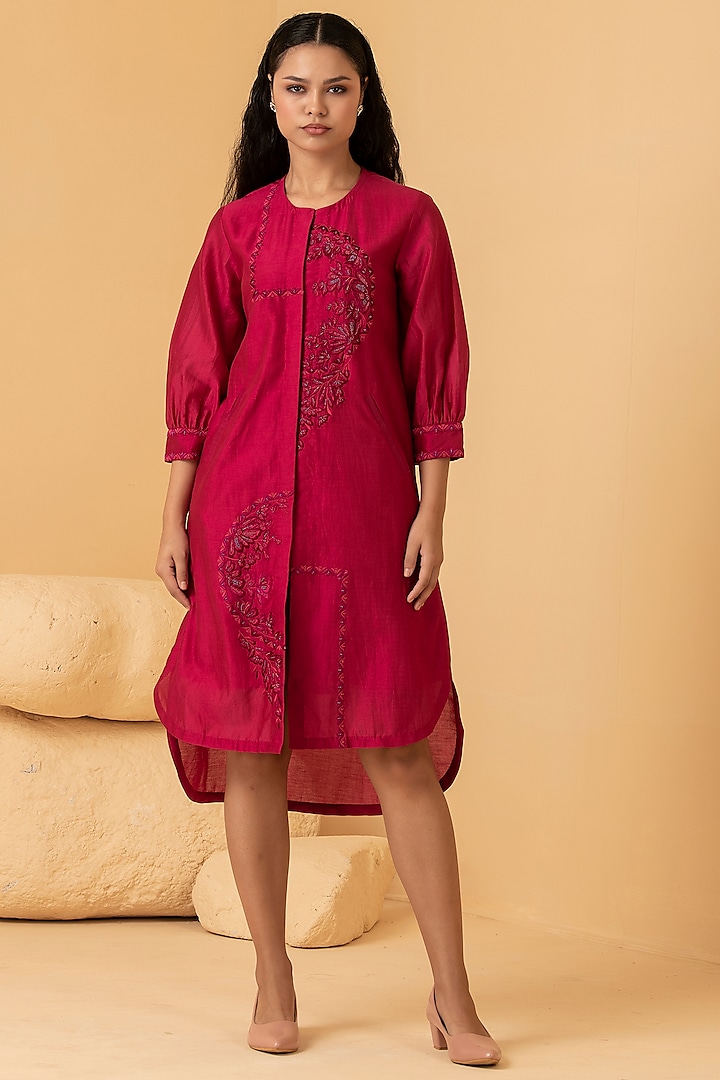 Fuchsia Pure Chanderi Thread & Pearl Embroidered Dress by Divi by Sonal