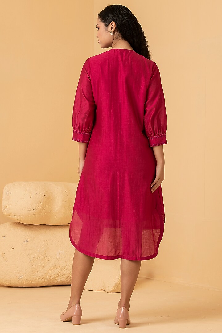 Fuchsia Pure Chanderi Thread & Pearl Embroidered Summer Dress by Divi by Sonal at Pernia's Pop Up Shop
