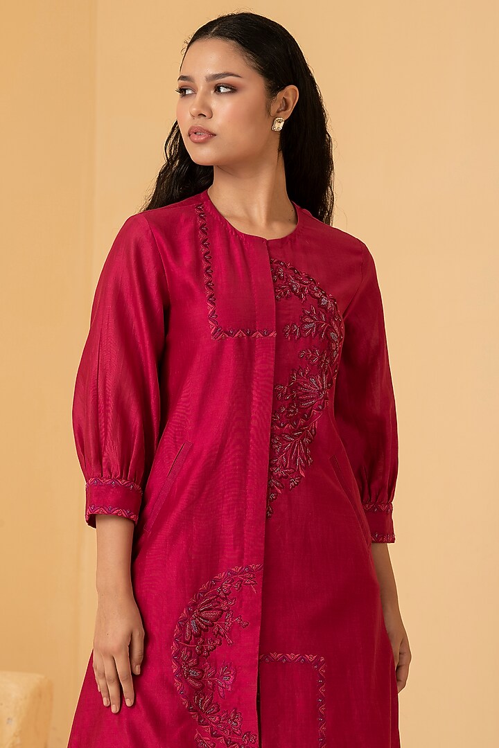 Fuchsia Pure Chanderi Thread & Pearl Embroidered Summer Dress by Divi by Sonal at Pernia's Pop Up Shop