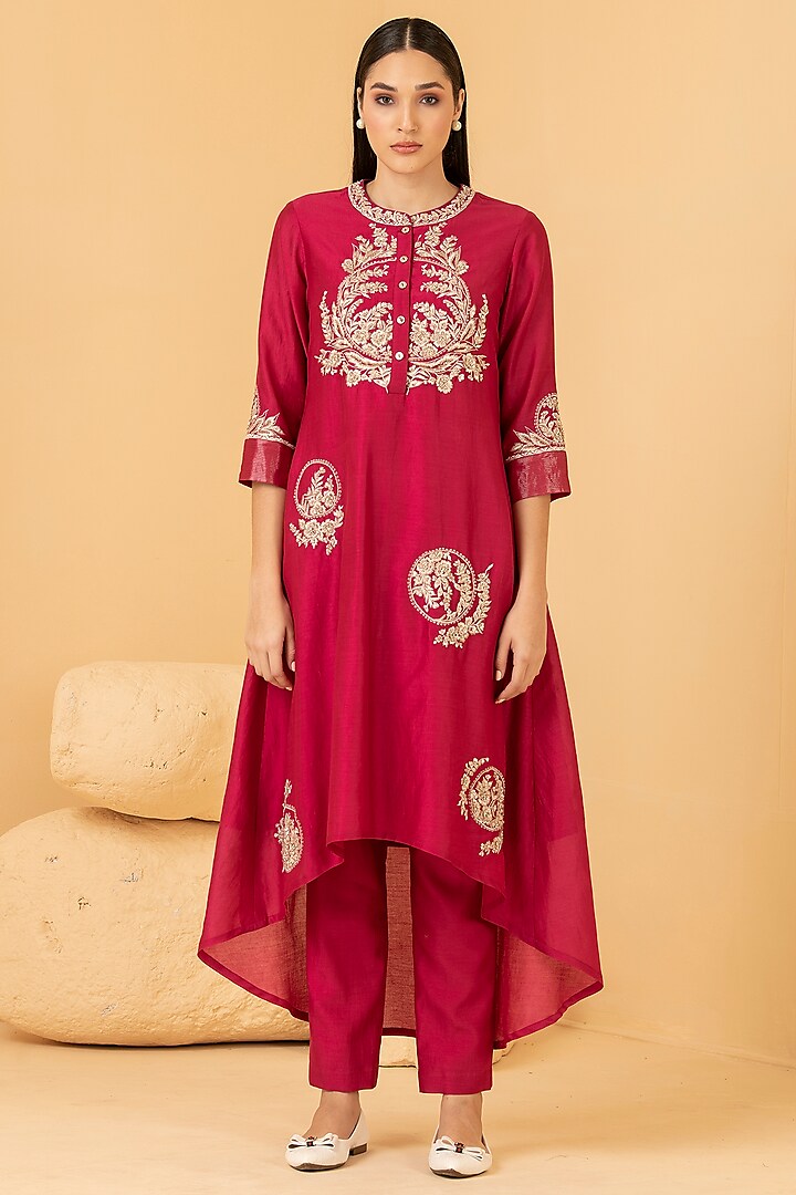 Fuchsia Pure Chanderi Zari & Pearl Embroidered Tunic Set by Divi by Sonal