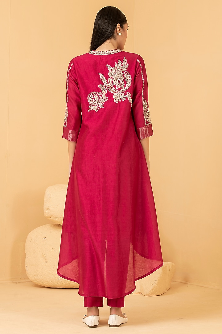 Fuchsia Pure Chanderi Zari & Pearl Embroidered Tunic Set by Divi by Sonal at Pernia's Pop Up Shop